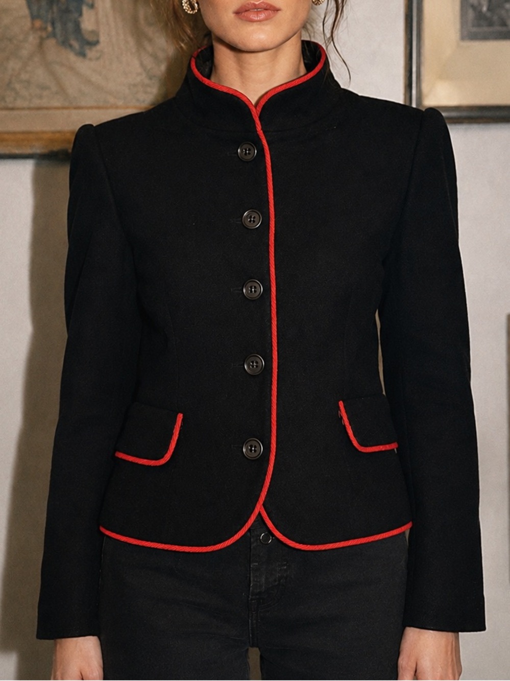 Vintage 60’s Handmacher 100% Wool Black Red Piping Blazer Jacket Size 6 EUC